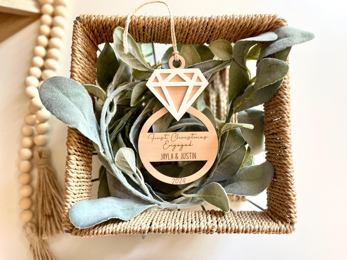 Personalized First Christmas Engaged Ring Ornament with Names and Year. Engagement Gift. Wood and Acrylic Ornament. Custom Engagement Gift.