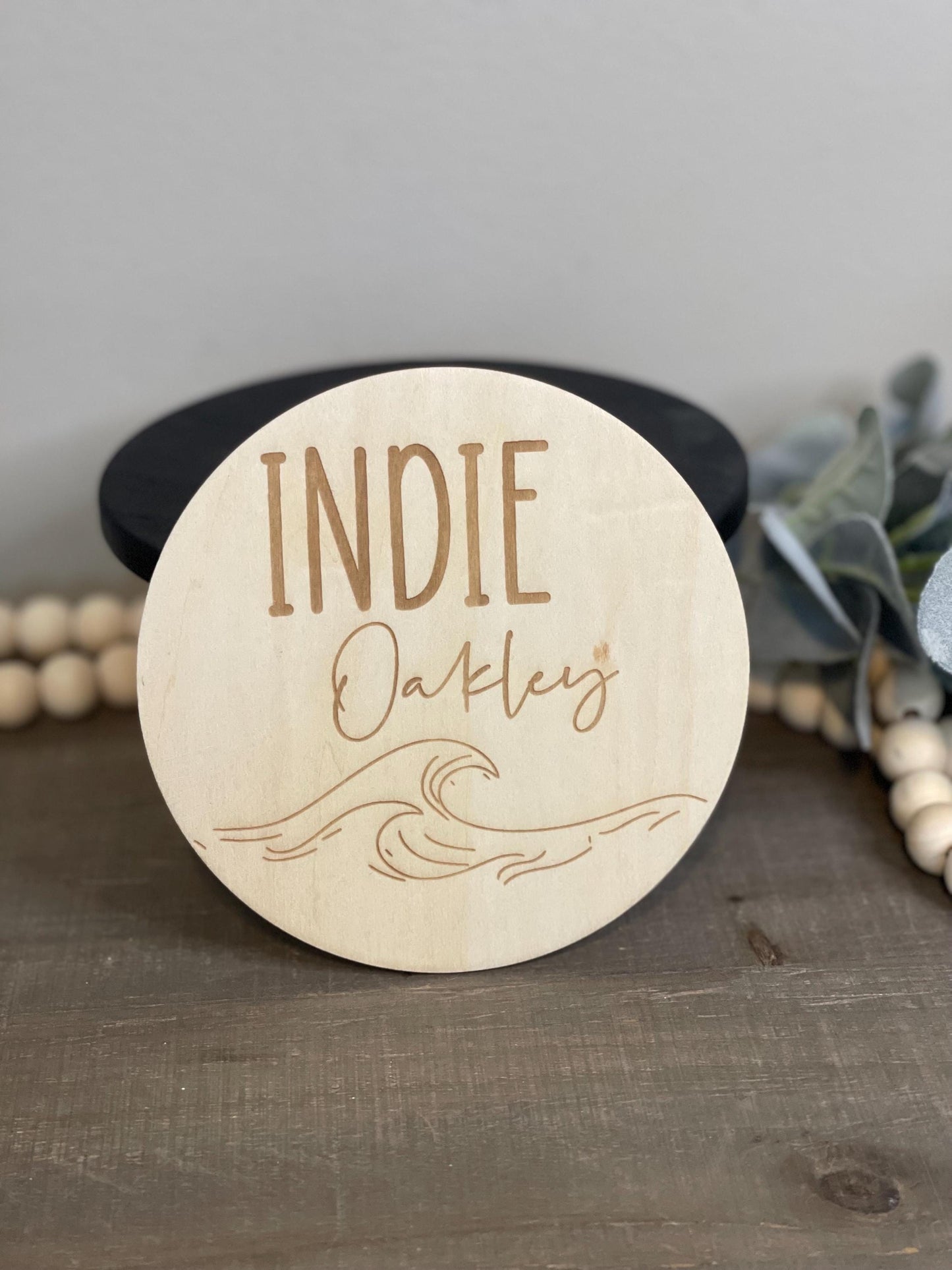 Waves Baby Monthly Milestone Markers & Name Sign - Simple Boho Round Wood