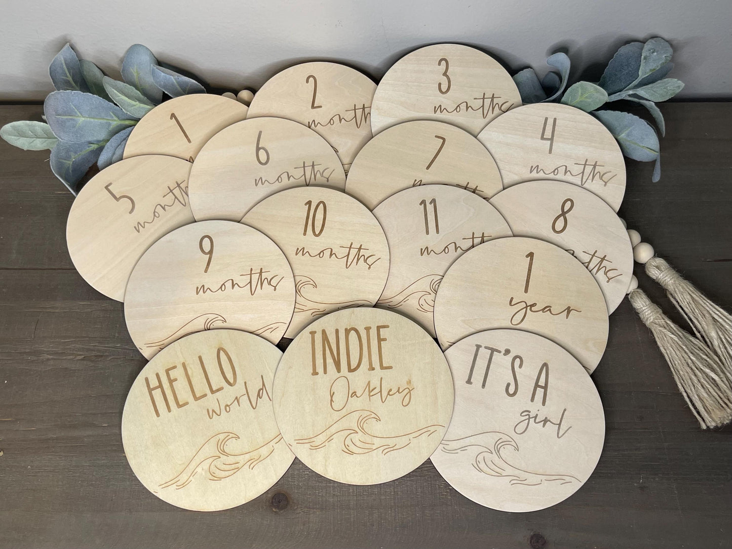 Waves Baby Monthly Milestone Markers & Name Sign - Simple Boho Round Wood