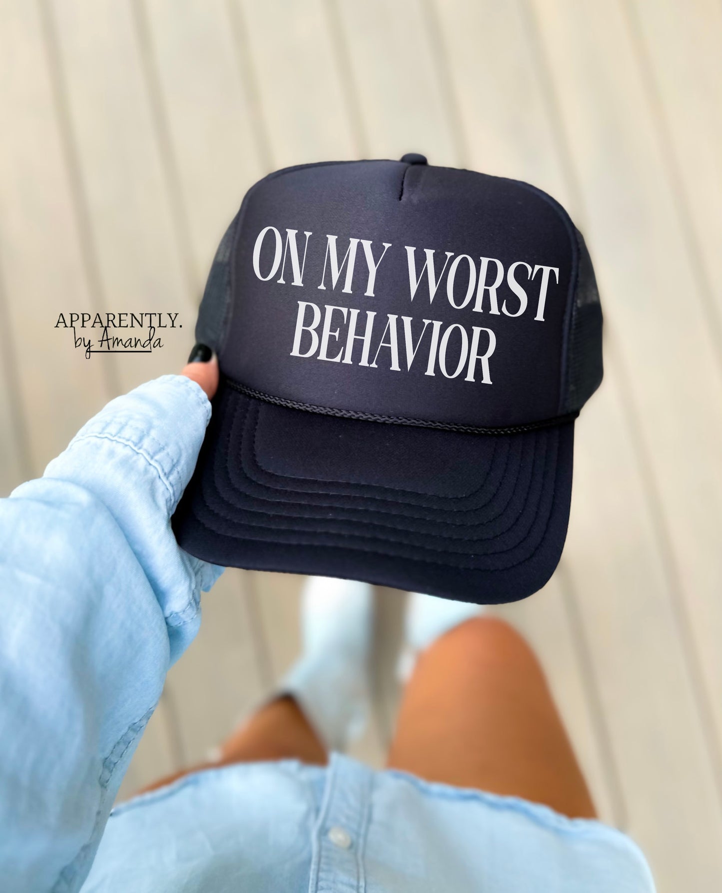On My Worst Behavior Snapback Adjustable Trucker Hat | All Caps Edition