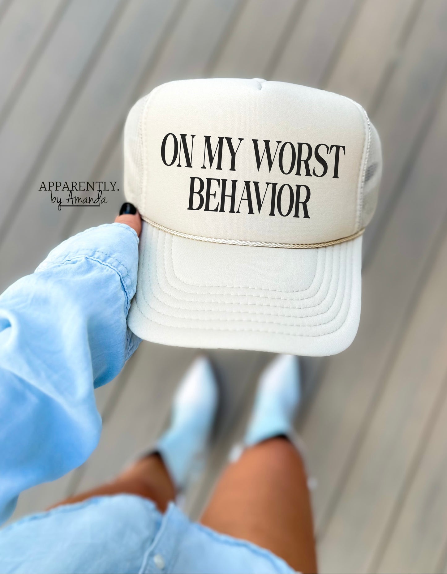On My Worst Behavior Snapback Adjustable Trucker Hat | All Caps Edition
