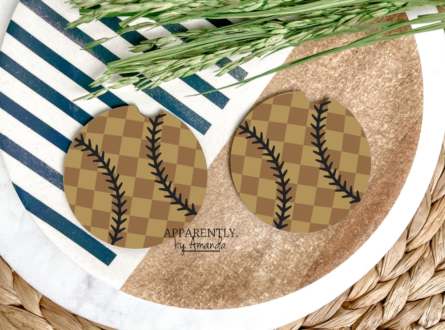 Checkered Neutral Baseball/Softball - Car Coaster Set of 2
