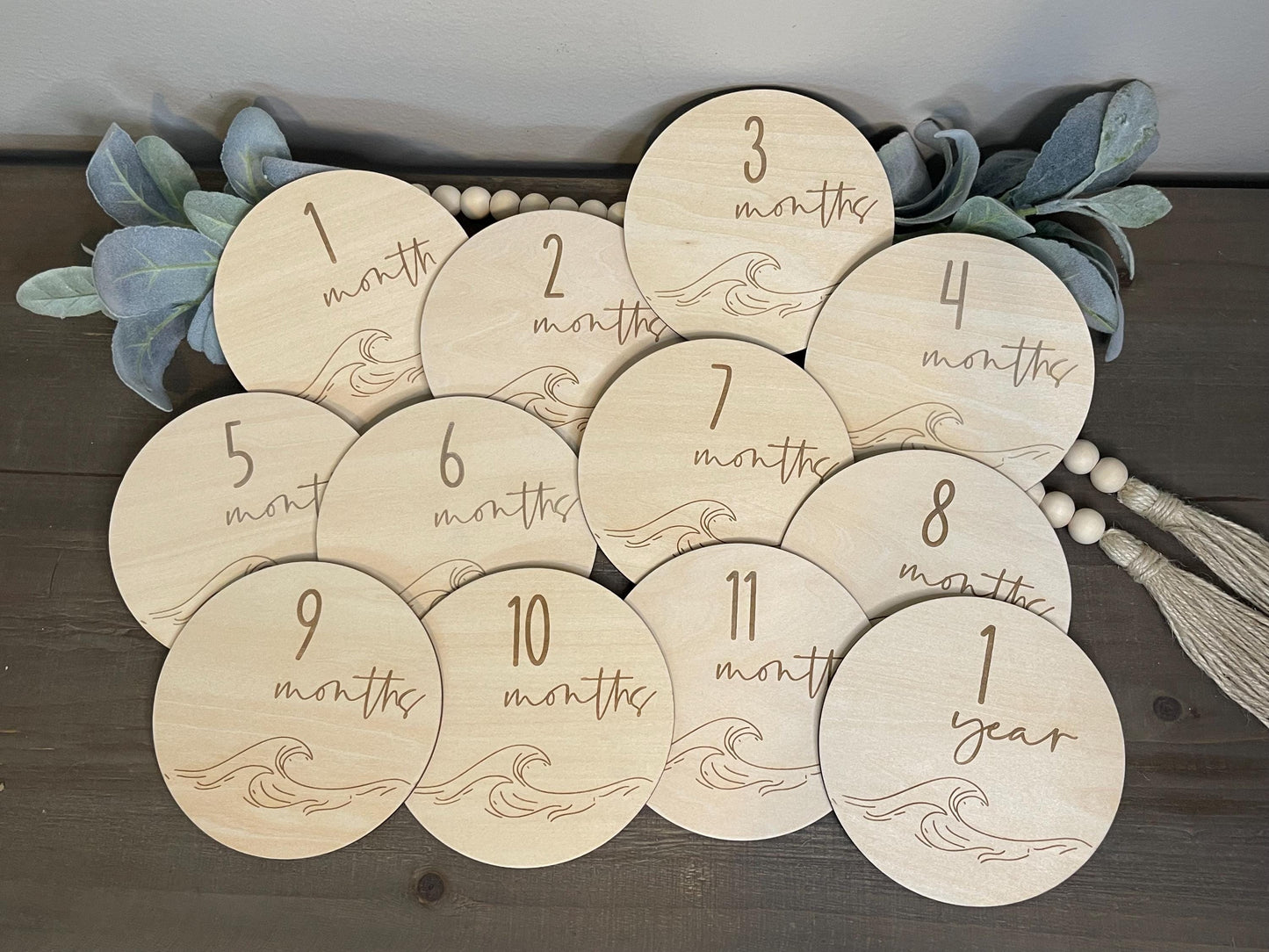 Waves Baby Monthly Milestone Markers & Name Sign - Simple Boho Round Wood