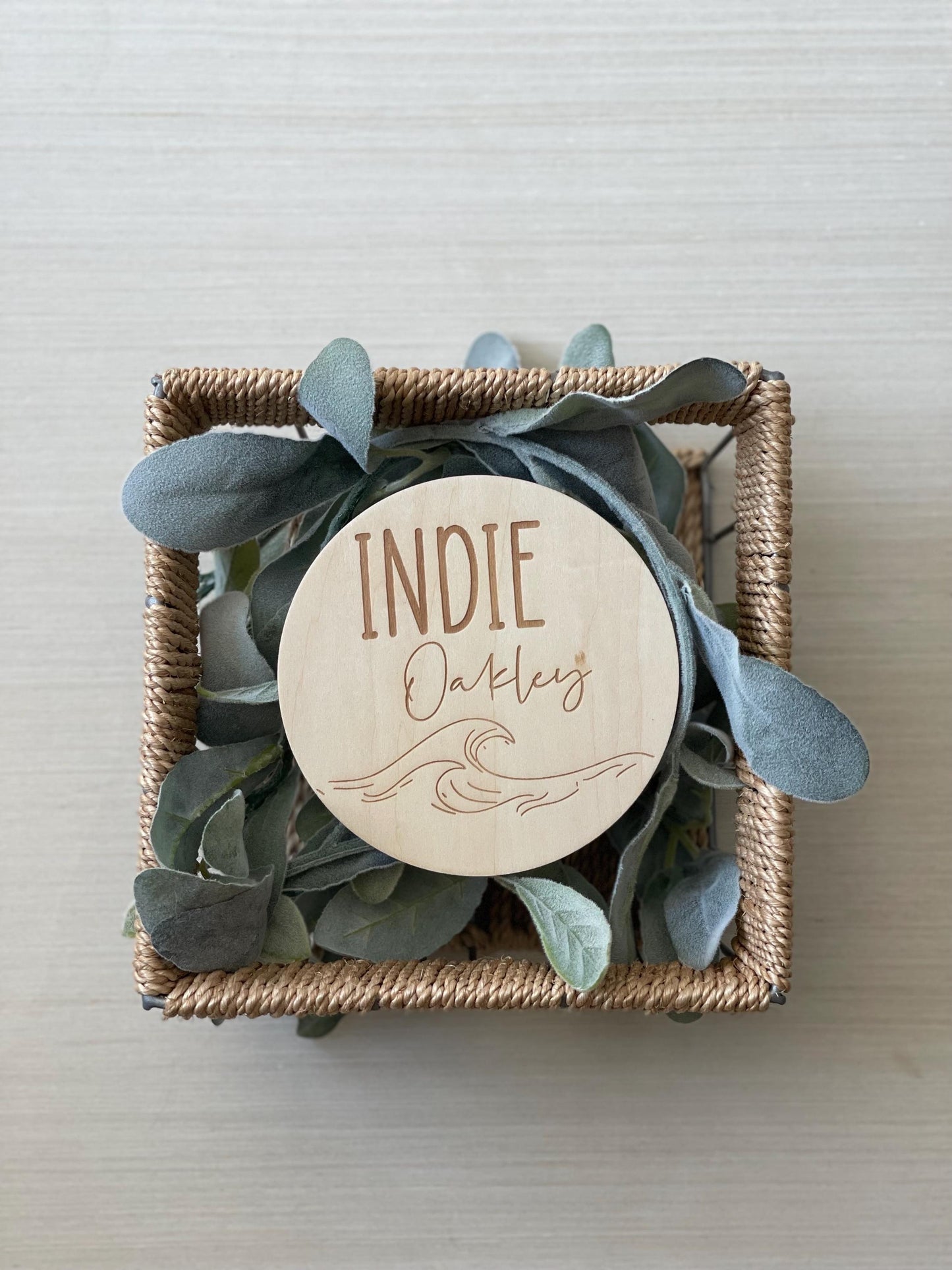 Waves Baby Monthly Milestone Markers & Name Sign - Simple Boho Round Wood