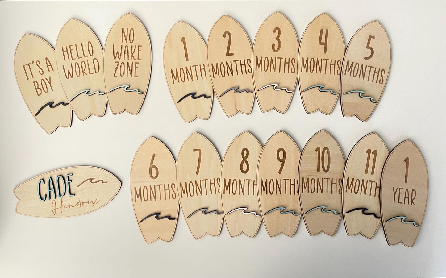 Surfboard and Waves Baby Monthly Milestone Markers & Name Sign