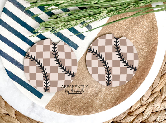 Checkered Neutral Baseball/Softball - Car Coaster Set of 2