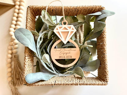 Personalized First Christmas Engaged Ring Ornament with Names and Year. Engagement Gift. Wood and Acrylic Ornament. Custom Engagement Gift.