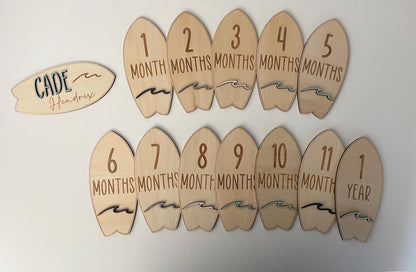 Surfboard and Waves Baby Monthly Milestone Markers & Name Sign