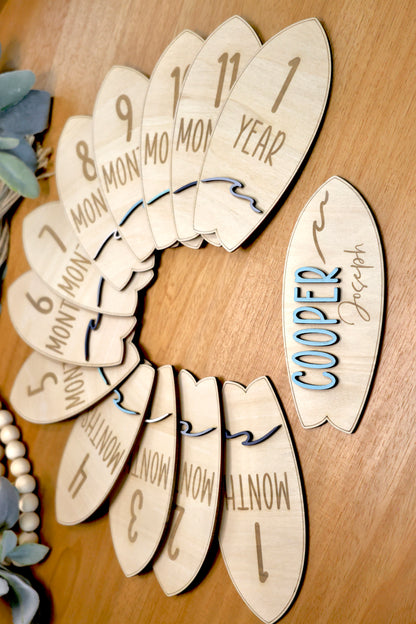 Surfboard and Waves Baby Monthly Milestone Markers & Name Sign