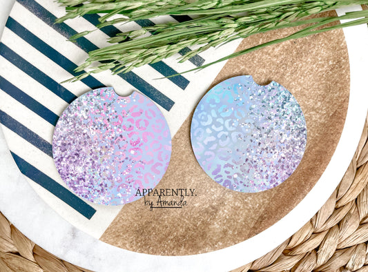Pastel Glitter Leopard - Car Coaster Set of 2
