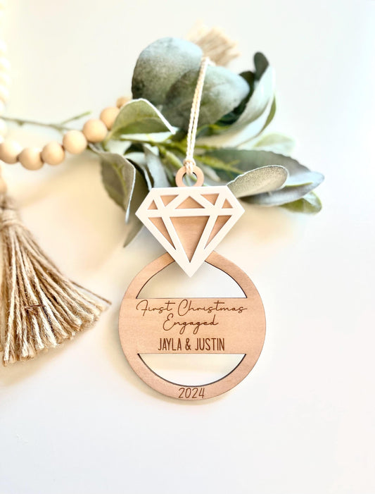 Personalized First Christmas Engaged Ring Ornament with Names and Year. Engagement Gift. Wood and Acrylic Ornament. Custom Engagement Gift.