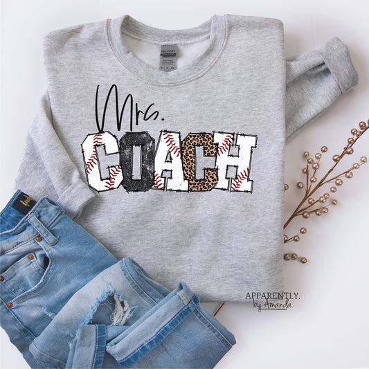 MRS. COACH. Baseball Coaches Wife || Gray Tee or Crewneck Sweater/Sweatshirt.