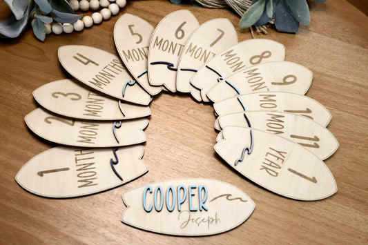 Surfboard and Waves Baby Monthly Milestone Markers & Name Sign