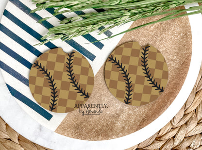 Checkered Neutral Baseball/Softball - Car Coaster Set of 2